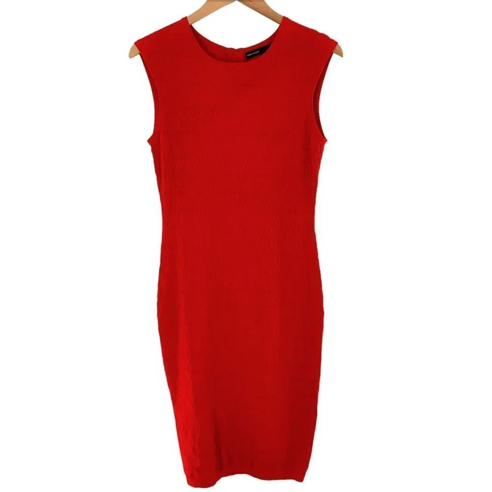 KAREN MILLEN Tomato Red Dot Texture Knit Sleeveless Sheath Dress Size 3/L